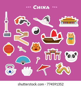 Travel to China, Beijing vector icons set. Chinese landmarks, nature, traditions and culture as cut out stickers