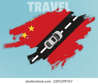 Travel to China by car, going holiday idea, vacation and travel banner concept, car on the road with China flag, international car travel, automobile going on a way, top view