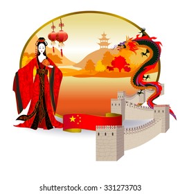 Travel to China: in the center of the image is the mountain landscape. On the right is a dragon and the Great Wall of China. On the left is a girl and red lanterns. Below is the flag of China.