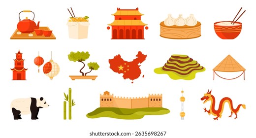 Travel to China, Chinese culture elements and architecture landmarks, famous food and animals infographic set. Old pagoda and traditional dragon, tea ceremony and lantern cartoon vector illustration