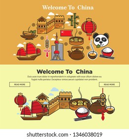 Travel to China Chinese symbols architecture and cuisine animal and plant vector Great Wall and bamboo lantern and panda rice with chopsticks tea and dumpling skyscraper and lucky coins junk ship