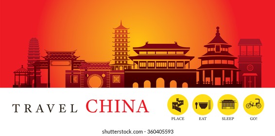 Travel China City Silhouette With Icons, Destination, Attraction, Traditional Culture