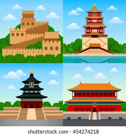 Travel to China. Cityscape, temple, palace, buildings, landmarks, attraction. Square vector illustration. Web banners.