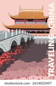 Travel China colorful poster for decoration and graphic design. China building and city, destination, attraction, traditional culture. Vector illustration