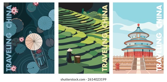 Travel China colorful poster set for decoration and graphic design. China building and city, destination, attraction, traditional culture. Vector illustration