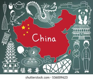 Travel to China doodle drawing icon with culture, costume, landmark and cuisine tourism concept in blackboard background. The Chinese text in picture means wealthy, good luck, and long live (vector)