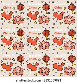 Viaje a China garabato diseño vectorial sin fisuras. Linterna, panda y fideos son un icono idéntico con China.