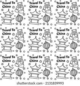Travel to China doodle seamless pattern vector design. Lantern, Panda and noodle are identic icon with China.