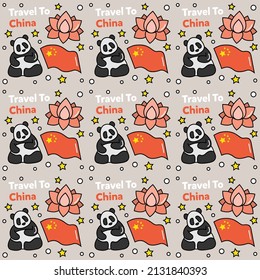 Travel to China doodle seamless pattern vector design. Lantern, Panda and noodle are identic icon with China.