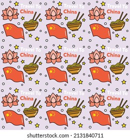 Travel to China doodle seamless pattern vector design. Lantern, Panda and noodle are identic icon with China.