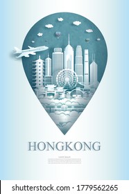 Travel China Hong Kong architecture monument pin in Asia with ancient and city modern building. Travel poster and postcard for business. Tour landmarks of asia. Vector illustration pin point symbol.