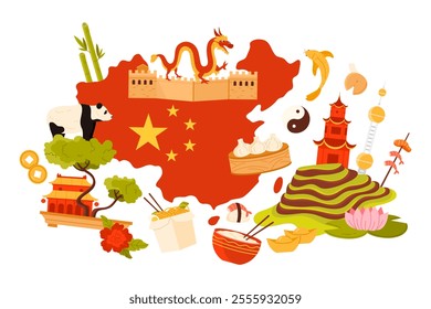 Travel to China, infographic collage of famous culture elements, food and landmarks. Chinese old temples and Great Wall of China, dragon and dim sum, panda and country map cartoon vector illustration