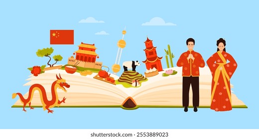 Travel to China, infographic collage with open giant book and tourist attractions, culture elements and food, tea ceremony. Chinese man and woman in red costumes and dragon cartoon vector illustration