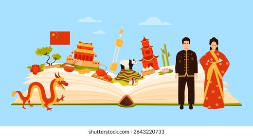 Travel to China, infographic collage with open giant book and tourist attractions, culture elements and food, tea ceremony. Chinese man and woman in red costumes and dragon cartoon vector illustration