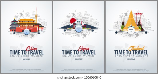 Travel to China, Japan and Thailand. Time to Travel. Banner with airplane and hand-draw doodles on the background. Vector Illustration