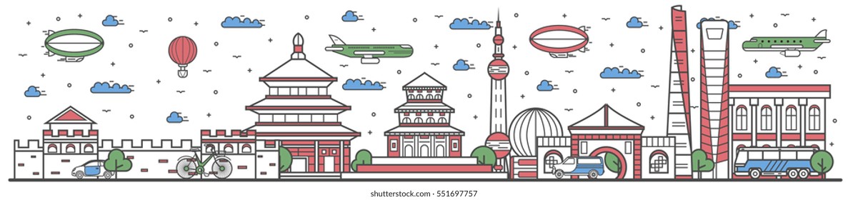 Travel China landmark banner vector illustration. World tour in China travel concept with famous modern and ancient architectural attractions. Must see China landmark panorama, tourist travel design