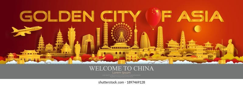 Travel China landmarks of Beijing, Shanghai, Taiwan, Xi'an, Macao, Taiwan, with gold city, Travelling China with panorama cityscape popular and famous capital, Origami paper cut style for advertising.