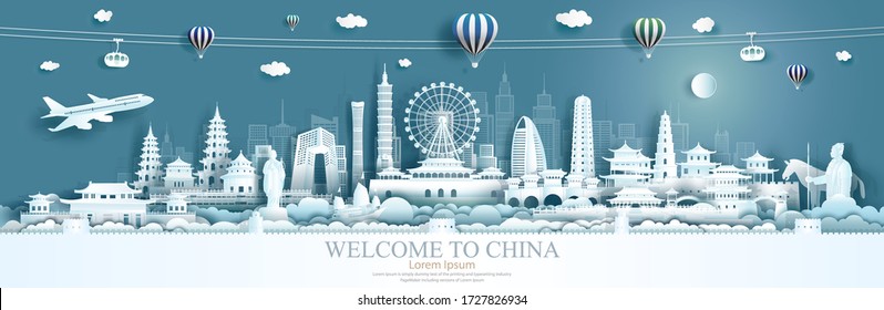 Travel China landmarks of Beijing, Taiwan, Xian with panorama city background, Travelling world to China with panoramic cityscape popular and famous capital, Origami paper cut style for advertising.