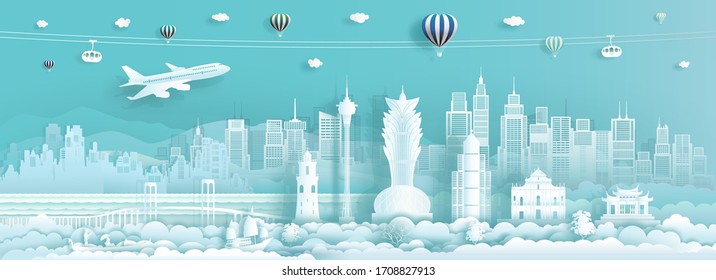 Travel China landmarks in Macau famous city of Asia on blue background with airplane and gondola, Tour China with panoramic popular capital, Origami paper art for advertising, Vector illustration.