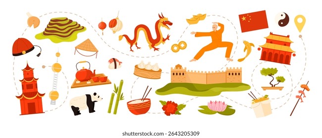 Travel to China, oriental culture elements set, food and landmark on route of Chinese adventure. Great Wall and Temple of Heaven, gold ingots and dim sum dumplings cartoon vector illustration