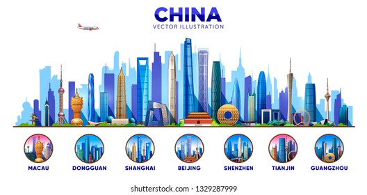 Travel to China panorama background. China icon cities. Vector illustration. Macau, Shanghai, Beijing, Guangzhou ,Tianjin, Dongguan, Shenzhen.