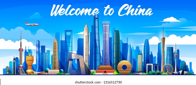 Travel to China panorama background. China skyline. Vector illustration.