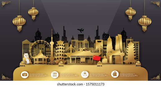 Travel China postcard, poster, tour advertising of world famous landmarks in paper cut style. Vectors illustrations