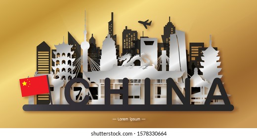 Travel China postcard, poster, tour advertising of world famous landmarks in paper cut style. Vectors illustrations