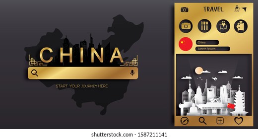 Travel China postcard, poster, tour advertising of world famous landmarks in paper cut style. Vectors illustrations
