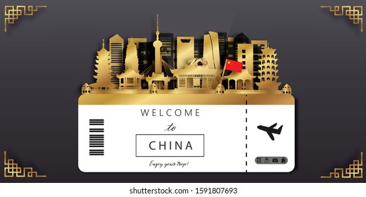 Travel China postcard, poster, tour advertising of world famous landmarks in paper cut style. Vectors illustrations