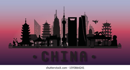 Travel China postcard, poster, tour advertising of world famous landmarks in paper cut style. Vectors illustrations