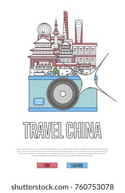 Travel China poster with famous architectural attractions on big camera. Worldwide traveling and time to travel vector concept in linear style. Chinese national landmarks, asian tourism and journey