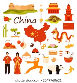 Viaja a China con Elementos de la cultura china, arquitectura y comida. Gran Muralla de China y templos antiguos, hombre y mujer en vestidos nacionales, Ilustración vectorial de dibujos animados de dragón y linterna