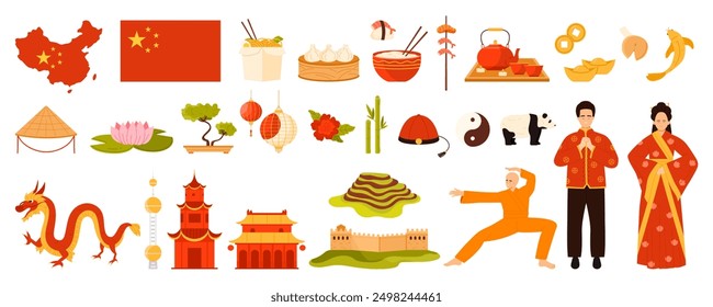 Viaje a China, símbolos del país y emblemas decorativos, Lugares famosos famosos para los turistas. Gente china en la vestimenta tradicional, templo antiguo y comida, mapa y Ilustración vectorial de dibujos animados de la bandera