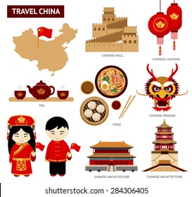 Travel to China. Set of icons of Chinese architecture, food, costumes, traditional symbols. ?ollection of illustration to guide China.