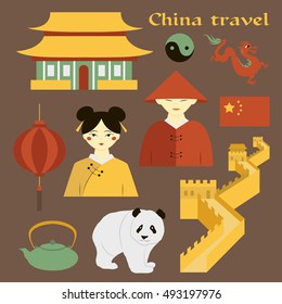Travel to China. Set of icons of Chinese architecture, food, costumes, traditional symbols. Vector illustration, EPS 10