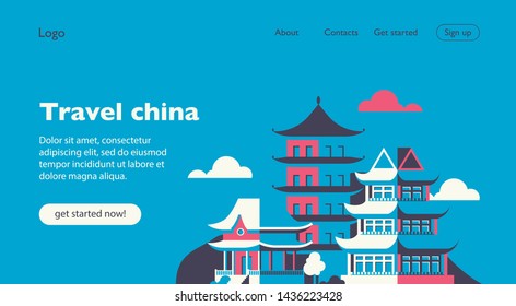 Travel to china template for web site, land page. Flat design. Vector illustration