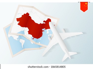 Travel to China, top view airplane with map and flag of China. Travel and tourism banner design.