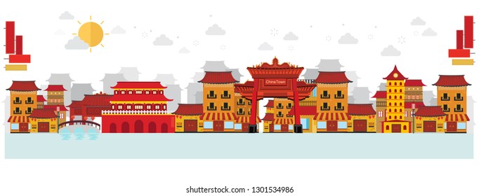 Travel to China town and old architecture. Vector illustration