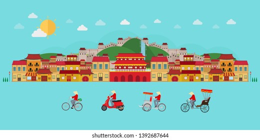 Travel to China, Transportation in China. Bicycle, tricycle, scooter. vector illustration
