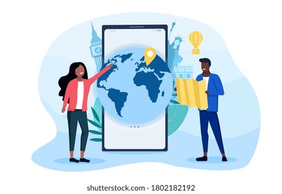 Travel Choice concept with black couple choosing a global destination using an app and map, colored vector illustration