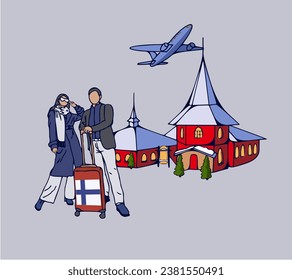 travel, Christmas, weekend, Finland, Santas house, residence, Santa Claus, Lapland, Europe, flag, family, married, couple, avian, illustration, vector