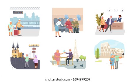 Travel Chronicle Old People Set Bundle Of Romantic Seniors Couple In Airport, Into Airplane, At Hotel Reception Desk, Have Europe Sightseeing Tour In Praga, Paris And Rome Flat Art Vector Illustration