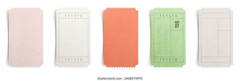 Travel or cinema ticket mockup. Realistic 3d vector illustration set of blank vintage white, red and green coupon with wave edges template. Theatre or circus voucher with empty space for text.