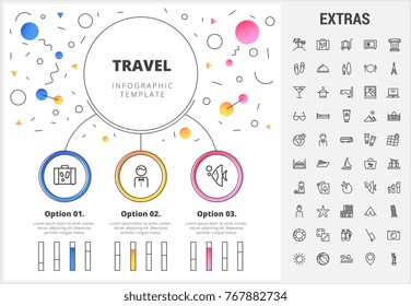 Plantilla de infografía de círculo de viajes, elementos e iconos. Infograph incluye gráficos de barras personalizables, gráficos, juego de iconos de línea con atracción turística, carrito de equipaje, planificación de viajes, vacaciones de vacaciones, etc.