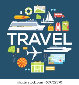 Travel circle infographics template concept. Icons design for your product or design, web and mobile applications. Vector flat with long shadow illustration background