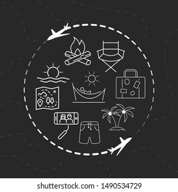 travel circle with line adventure icons. Hiking elements concept pattern. Wanderlust scouting appliances, tools and gear.