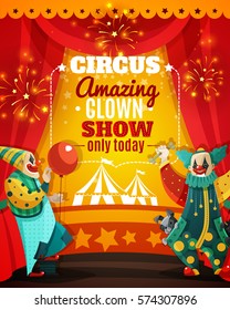 Travel circus amazing show announcement colorful poster with vintage marquee tent and funny clowns vector illustration