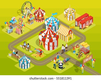 Travel circus attractions isometric composition amusement park schema with striped tents  observation wheel and visitors vector illustration