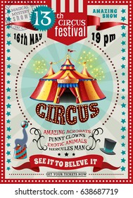 Travel circus carnival festival performances announcement retro poster with classic yellow red striped tent vector illustration 